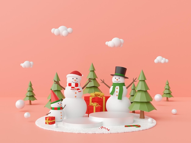 Photo christmas scene podium with snowman and christmas tree on a pink background 3d rendering