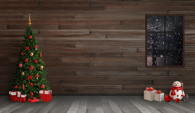 Christmas scene in room with tree decorations and gifts Copy space on wooden wall