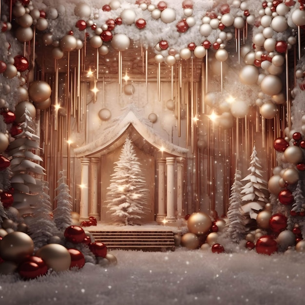 Рождественская сцена с домиком и рождественской елкой