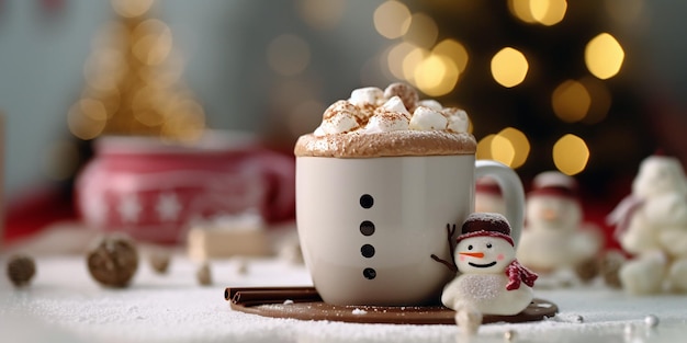 Christmas scene with christmas decoration and hot cocoa cup