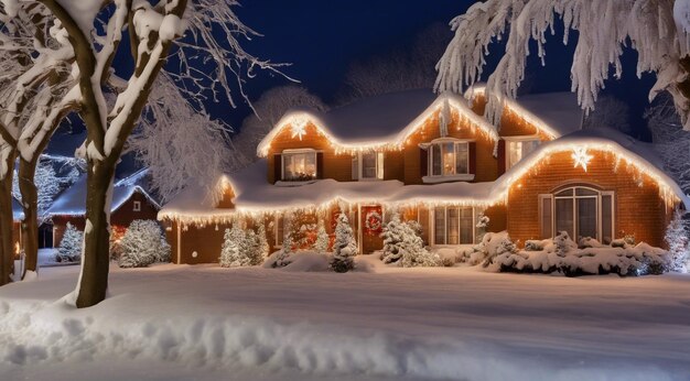 christmas scene with christmas decorations snow on the houses christmas lights christmas tree