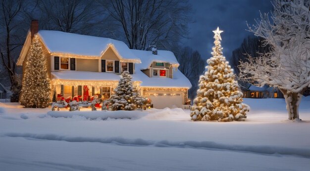 christmas scene with christmas decorations snow on the houses christmas lights christmas tree