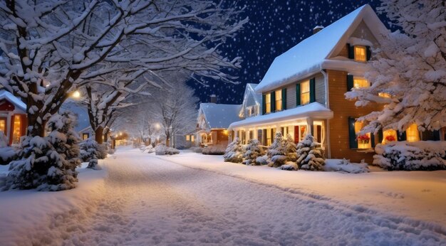 christmas scene with christmas decorations snow on the houses christmas lights christmas tree