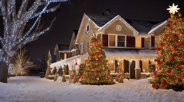 christmas scene with christmas decorations snow on the houses christmas lights christmas tree