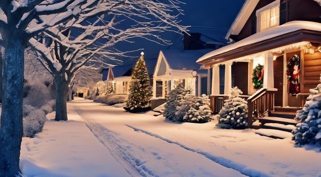 christmas scene with christmas decorations snow on the houses christmas lights christmas tree