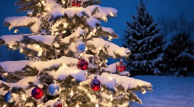 christmas scene with christmas decorations snow on the houses christmas lights christmas tree