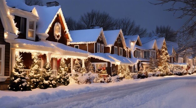 christmas scene with christmas decorations snow on the houses christmas lights christmas tree