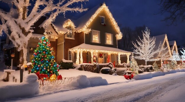 christmas scene with christmas decorations snow on the houses christmas lights christmas tree