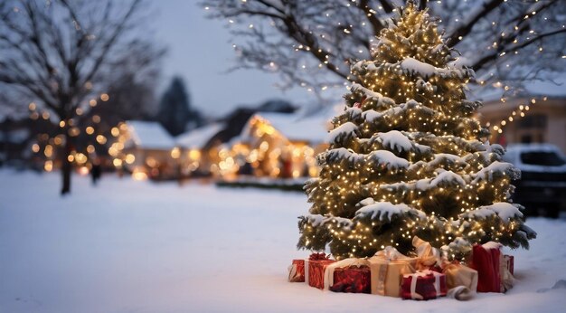 Photo christmas scene with christmas decorations snow on the houses christmas lights christmas tree