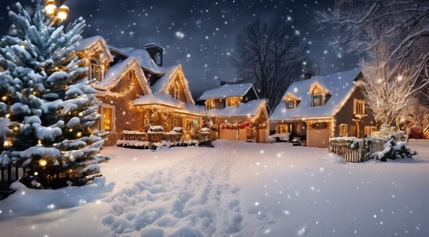 Christmas scene with christmas decorations snow on the houses christmas lights christmas tree