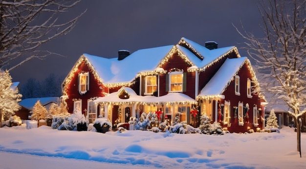 christmas scene with christmas decorations snow on the houses christmas lights christmas tree