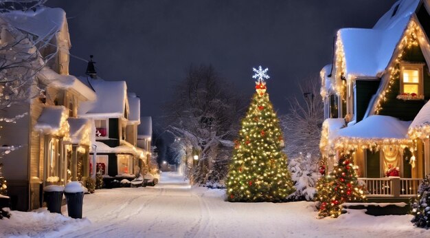 Рождественская сцена с рождественскими украшениями снег на домах рождественские огни рождественская елка