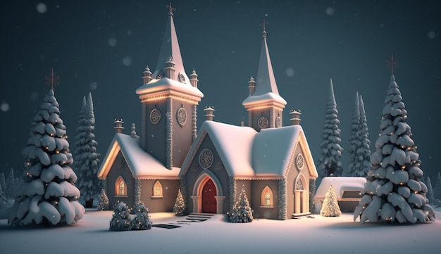 A christmas scene with a church in the snow