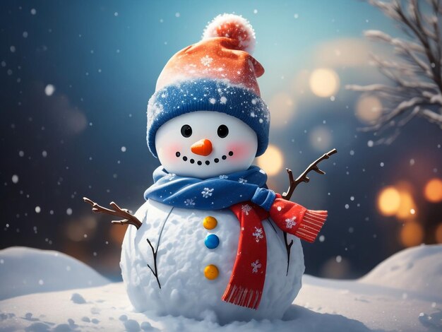 Photo christmas scene with a cute snowman free space for text on right side snob light and bokeh in bac