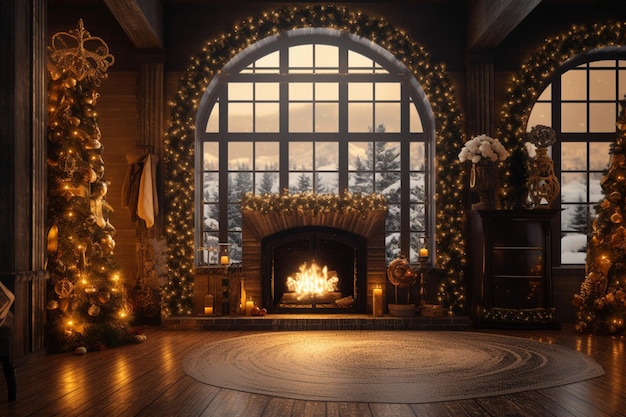 A christmas scene with a fireplace and christmas tree in the corner