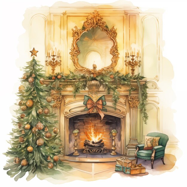 A Christmas scene with a fireplace a green chair and a mirror