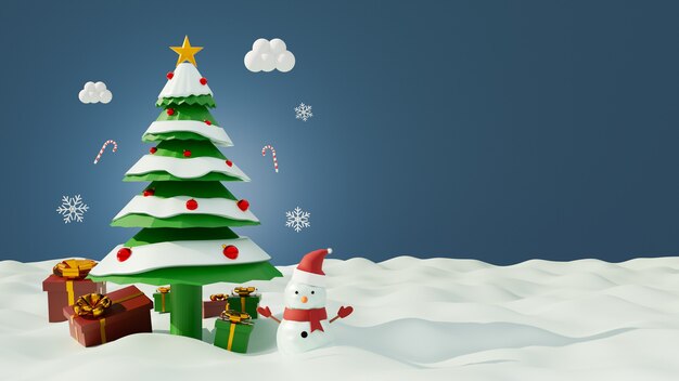 Christmas scene with gift box and tree christmas and snowman on snow. 3d rendering