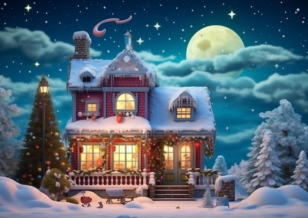 Christmas scene with a house and a sleigh in the snow generative ai