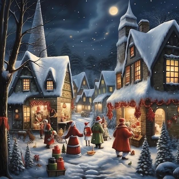 a christmas scene with a house and a snowman