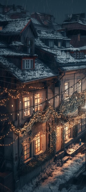 A christmas scene with lights on the roof