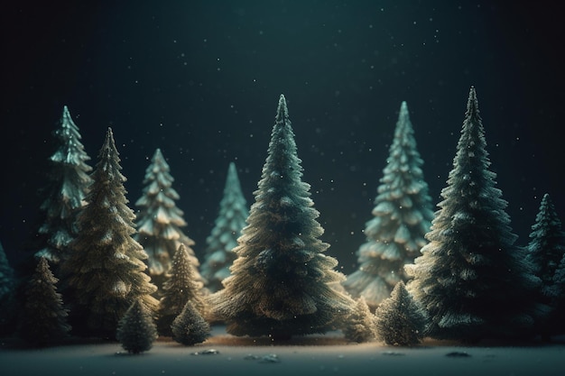 A christmas scene with a row of trees in the middle of snow.