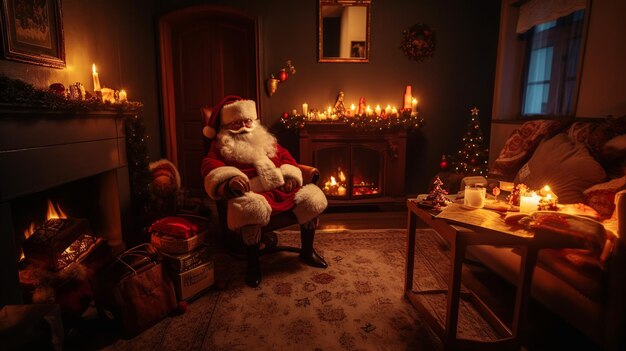 A christmas scene with santa claus in a chair and christmas tree lights.