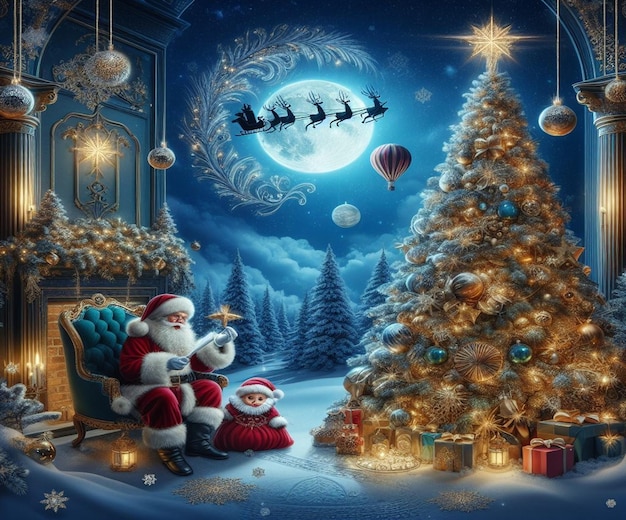 a christmas scene with santa claus and a christmas tree