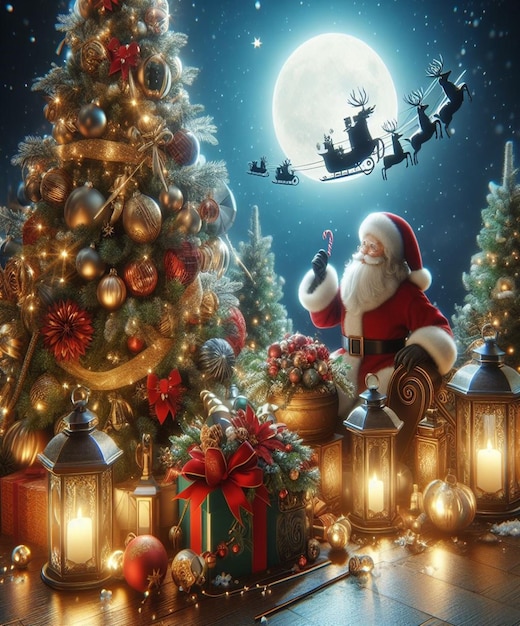 a christmas scene with santa claus and a christmas tree