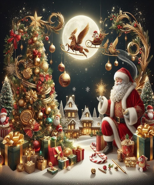 a christmas scene with a santa claus and a christmas tree