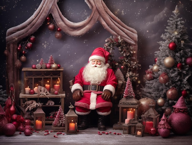 a christmas scene with a santa claus sitting in front of a christmas tree