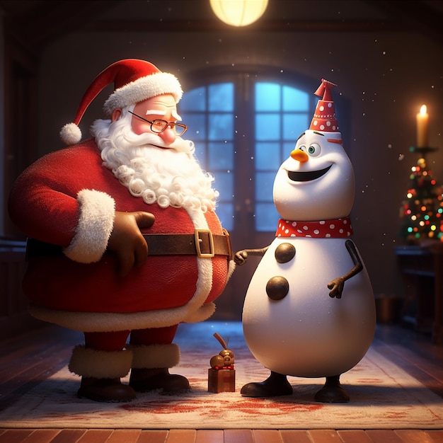 A christmas scene with santa claus and a snowman.