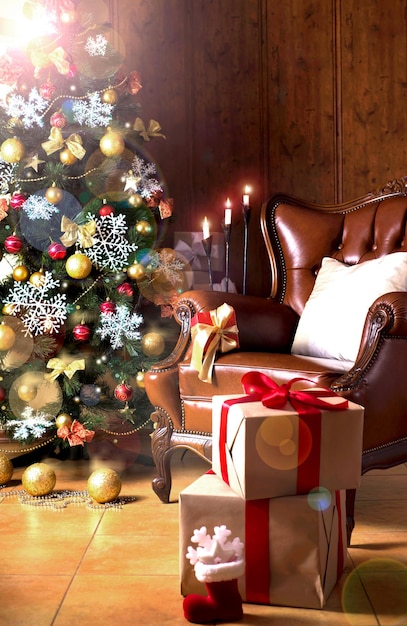 Christmas scene with tree gifts