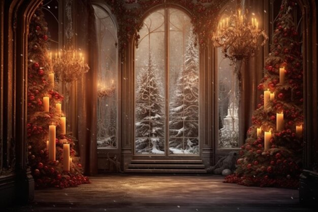 A christmas scene with a window and candles