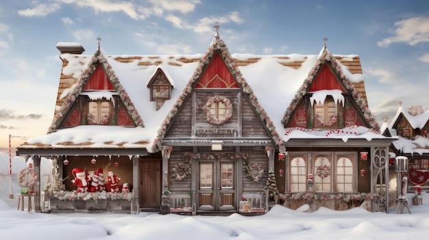 a christmas scene with a wooden house and a snow covered roof.