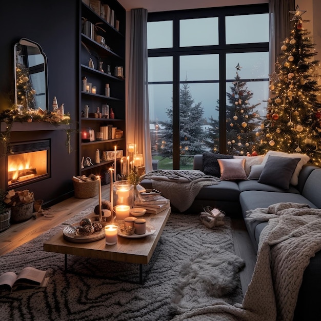 Christmas scenery with room decorated with Christmas tree and ornaments and gifts