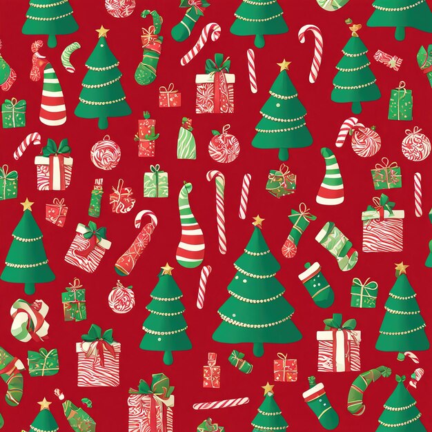 Christmas seamless background with hand drawn christmas tree and gifts