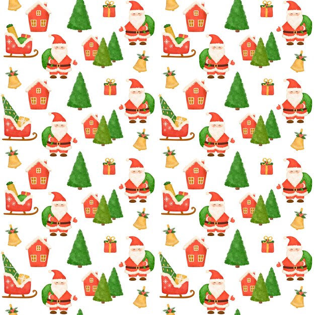 Christmas seamless pattern, hand drawn Sant Claus, presents, christmas tree, wrapping paper