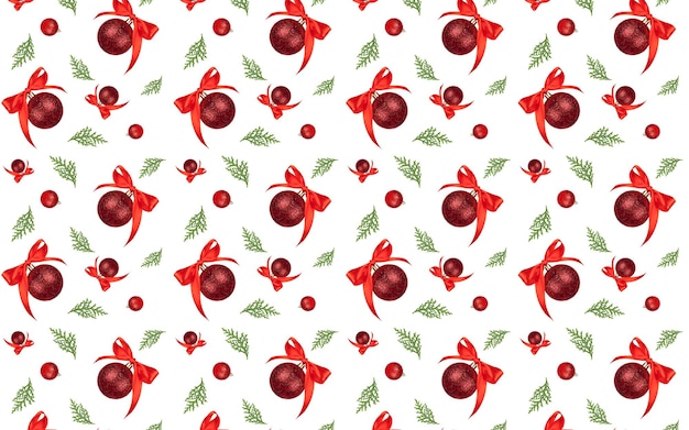 弓とトウヒの枝とクリスマスのシームレスなパターンの赤い飾り