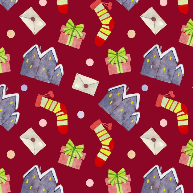 Christmas seamless pattern with different holiday elements\
house gifts socks