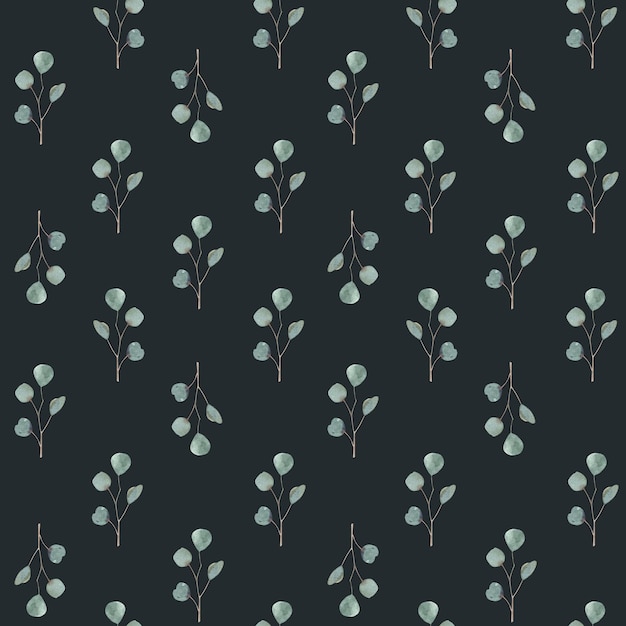 Christmas seamless pattern with green leaves eucalyptus Hand made illustration New year on dark background for textile greeting cardswallpaper wrapping papers valentines day march