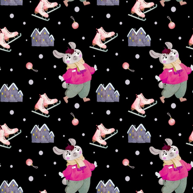 Christmas seamless pattern with rabbit houses and ice skates on a dark blue background