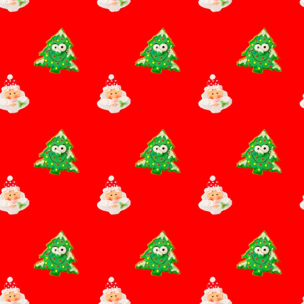 Christmas seamless pattern with santa and christmas tree on red background
