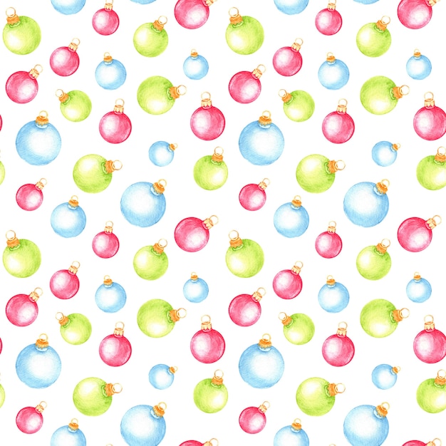 Christmas seamless pattern with watercolor Christmas balls on white. Bright Christmas background
