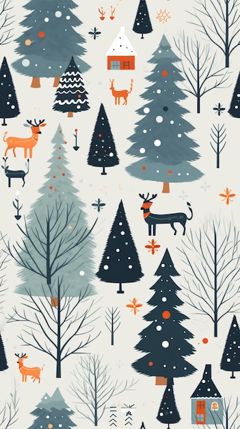 Foto disegno senza cuciture di natale con foresta invernale e cervo disegno di xmas per stampe di carta da parati per schermo di casa