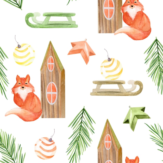 Christmas seamless watercolor pattern fox wooden house decoration pine