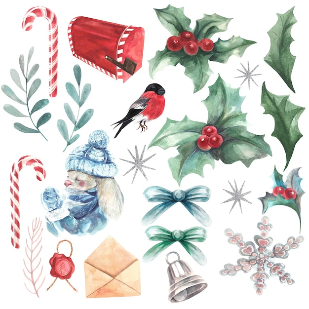 Christmas set of berries branches bird bows and bell Watercolor illustration Isolate