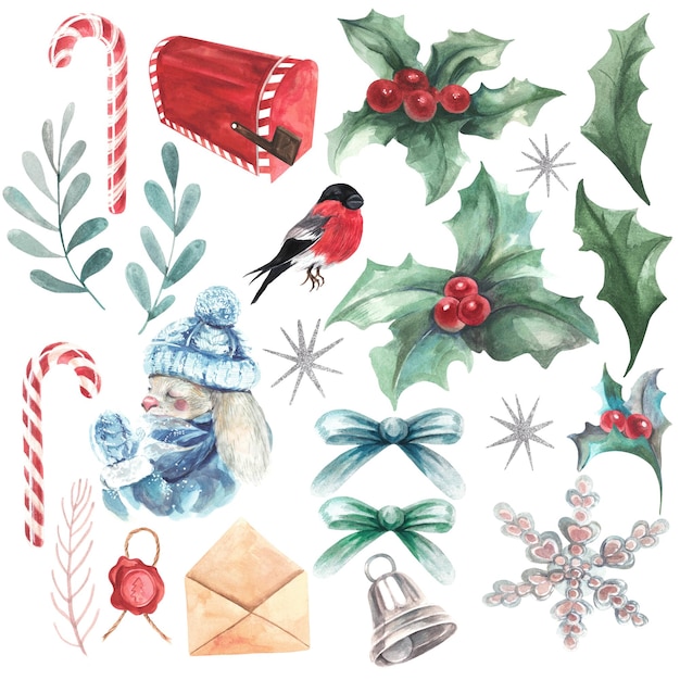 christmas set of berries branches bird bows and bell watercolor illustration isolate