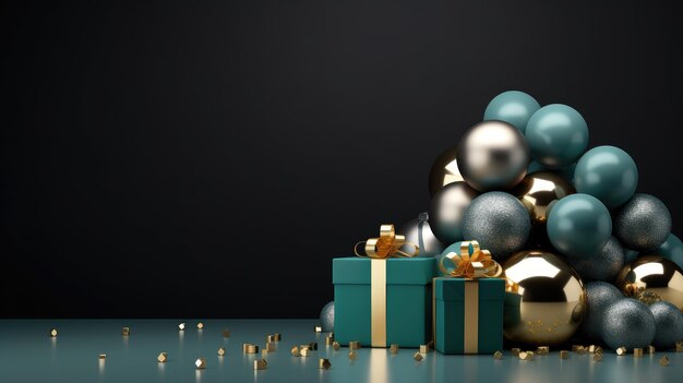 Christmas set decoration and ornament with gifts and balls on isolated green background created with Generative AI technology