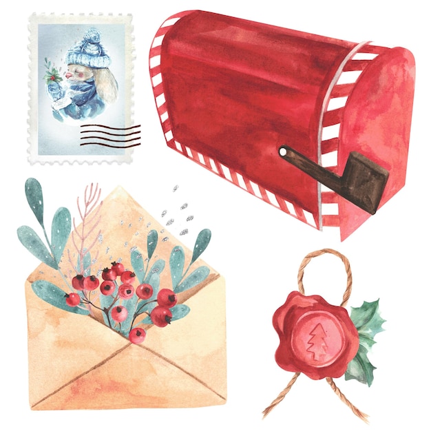 Photo christmas set of envelope mailbox seal and stamp watercolor illustration isolate