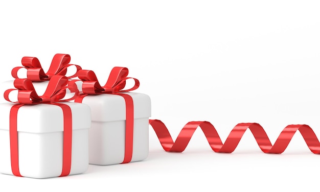 Christmas set of gift boxes with red ribbon on white background. 3d rendering